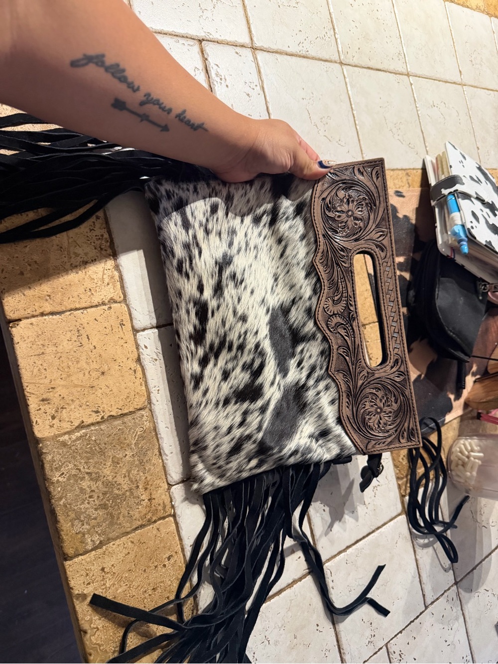 Fringed Black and White Cowhide Clutch with Tooled Leather Handle